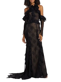 Ruffle-Embellished Lace Gown