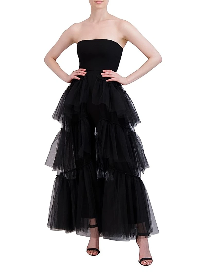 Strapless Tiered Tulle Overlay Jumpsuit