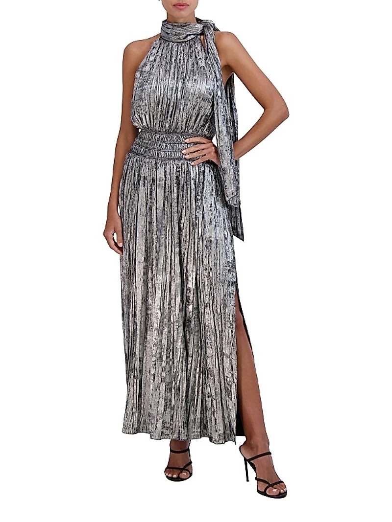 Metallic Pleated Halter Maxi Dress