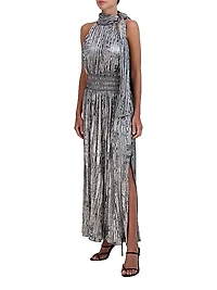 Metallic Pleated Halter Maxi Dress