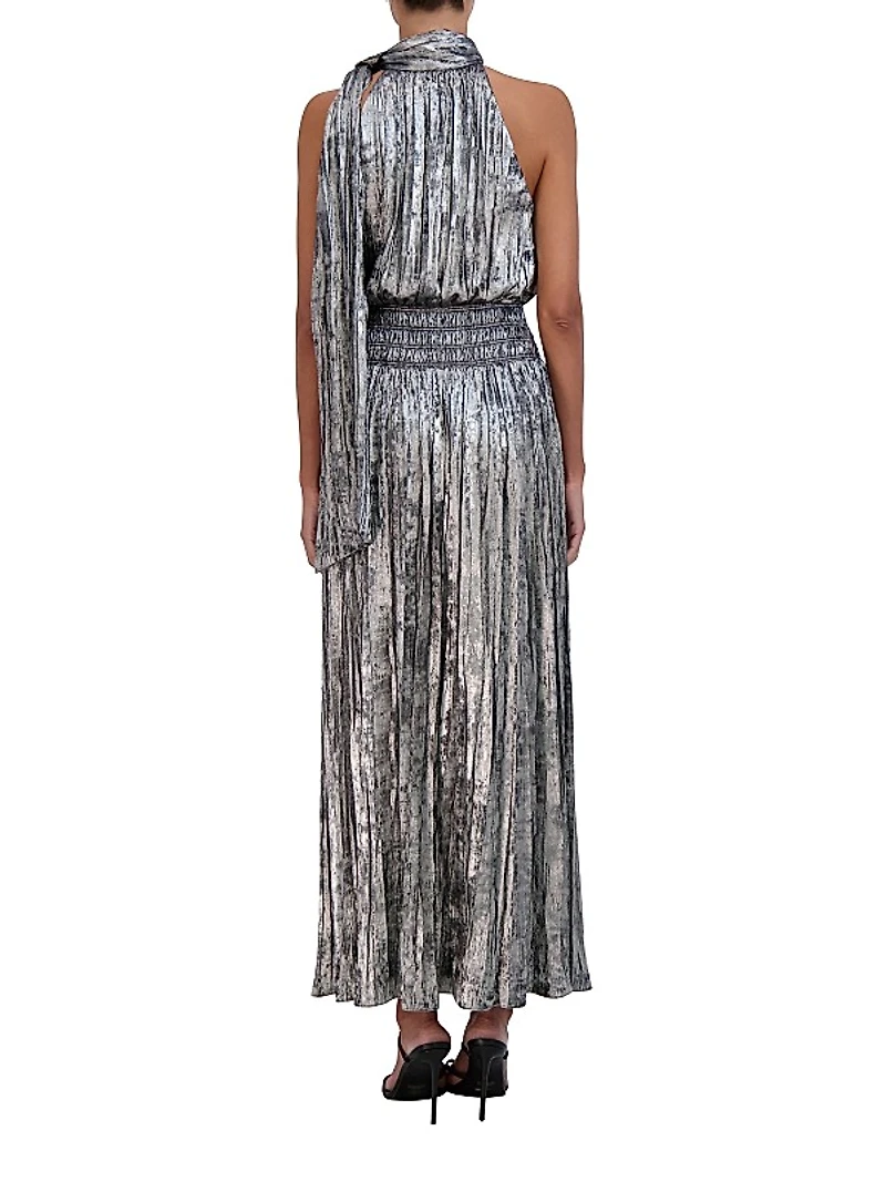 Metallic Pleated Halter Maxi Dress