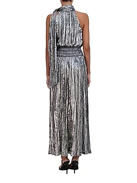 Metallic Pleated Halter Maxi Dress