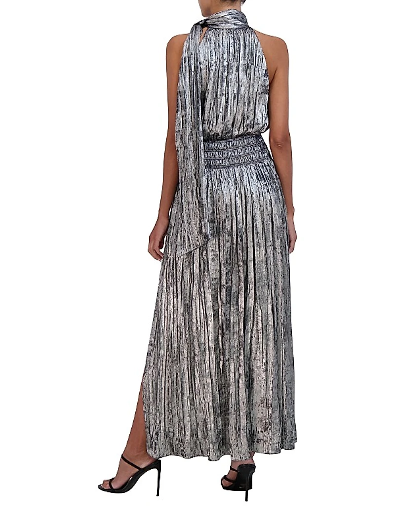 Metallic Pleated Halter Maxi Dress