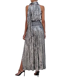 Metallic Pleated Halter Maxi Dress