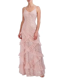Embellished Lace Ruffle Gown