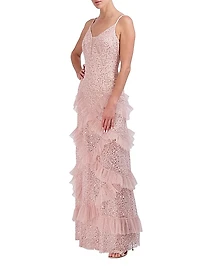 Embellished Lace Ruffle Gown