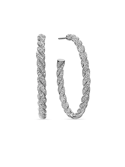 Sculpted Cable Flex Hoop Earrings in 18K White Gold with Diamonds, 1.75in