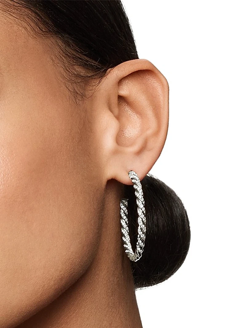 Sculpted Cable Flex Hoop Earrings in 18K White Gold with Diamonds, 1.75in
