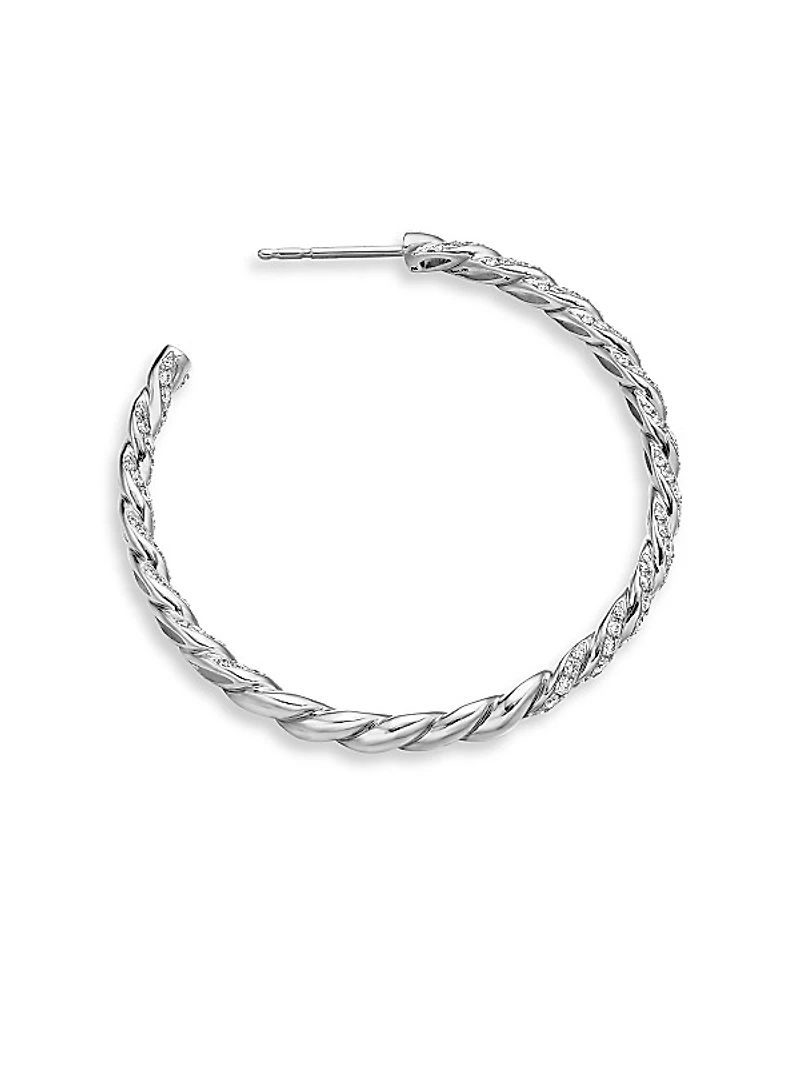 Sculpted Cable Flex Hoop Earrings in 18K White Gold with Diamonds, 1.75in