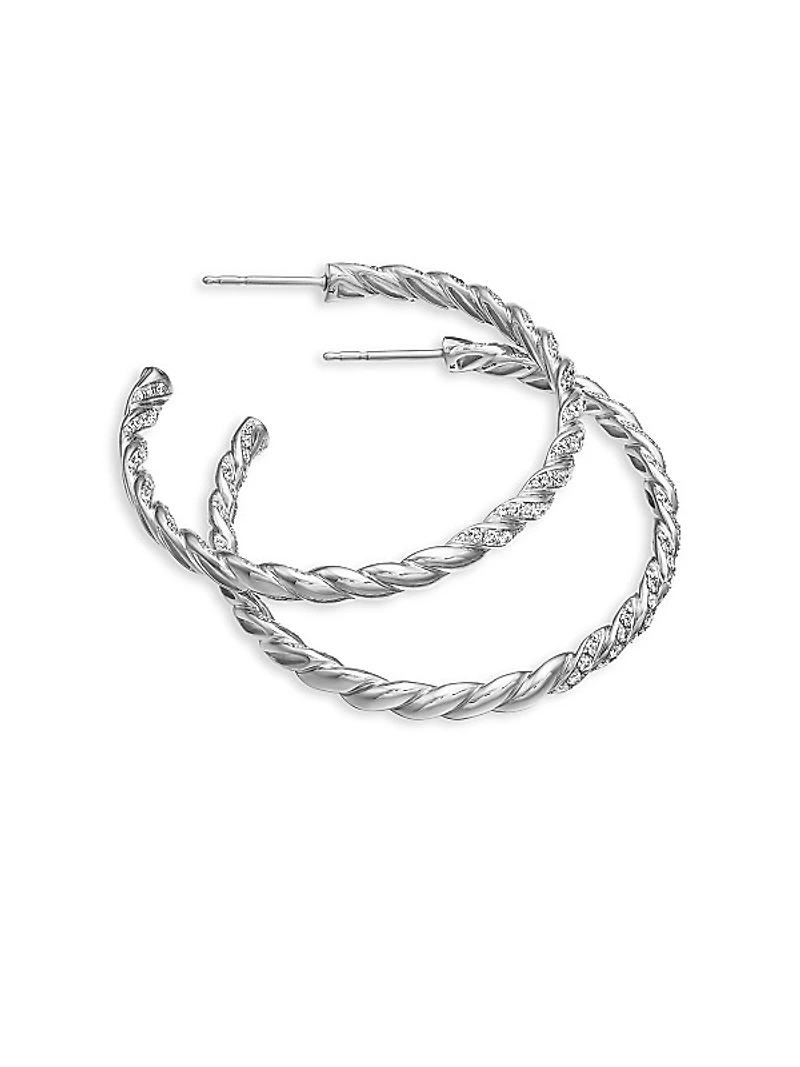 Sculpted Cable Flex Hoop Earrings in 18K White Gold with Diamonds, 1.75in