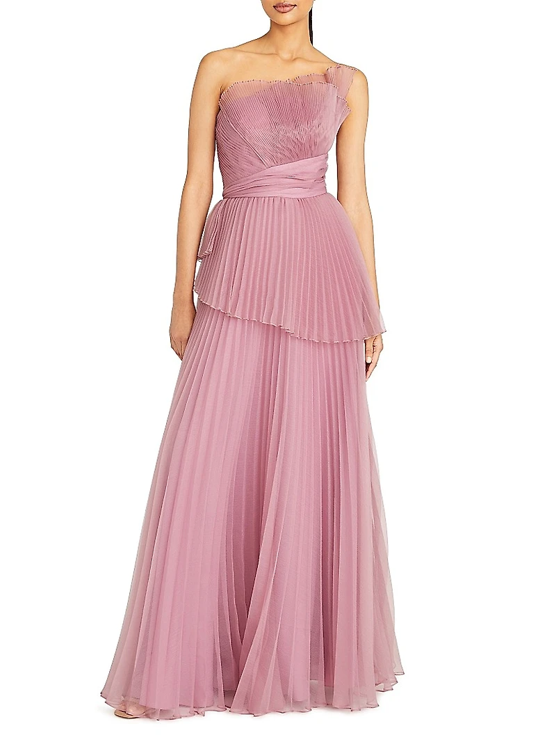 Delphine Pleated One-Shoulder Organza Gown