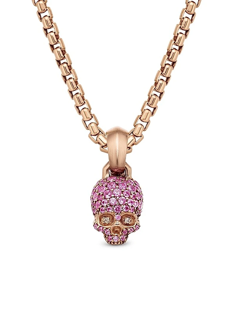 Skull Amulet with Full Pavé Pink Sapphires and 18K Rose Gold, 14mm