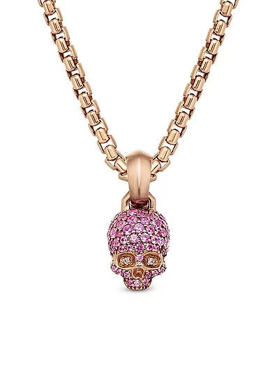 Skull Amulet with Full Pavé Pink Sapphires and 18K Rose Gold, 14mm