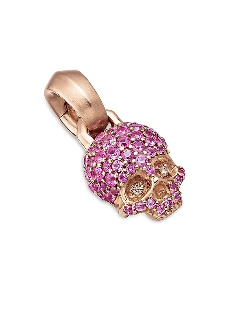 Skull Amulet with Full Pavé Pink Sapphires and 18K Rose Gold, 14mm