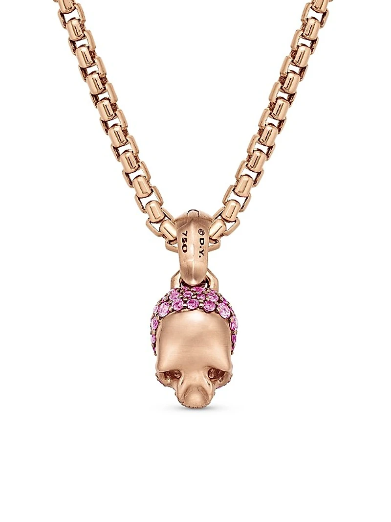 Skull Amulet with Full Pavé Pink Sapphires and 18K Rose Gold, 14mm
