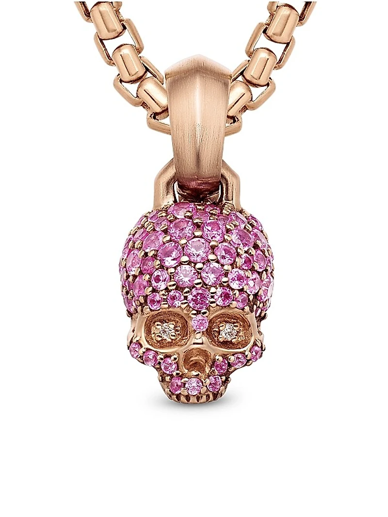 Skull Amulet with Full Pavé Pink Sapphires and 18K Rose Gold, 14mm