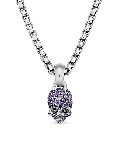 Skull Amulet with Full Pavé Purple Sapphires and 18K White Gold, 14mm