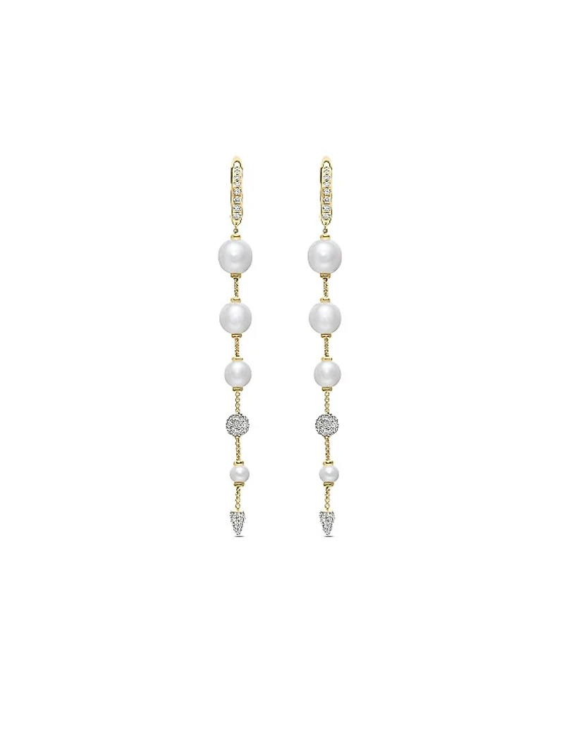 Pearl and Pavé Drop Earrings in 18K Yellow Gold with Pearls and Diamonds, 3.13in
