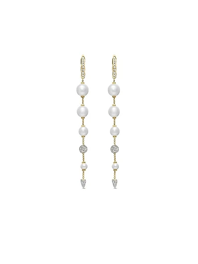 Pearl and Pavé Drop Earrings in 18K Yellow Gold with Pearls and Diamonds, 3.13in