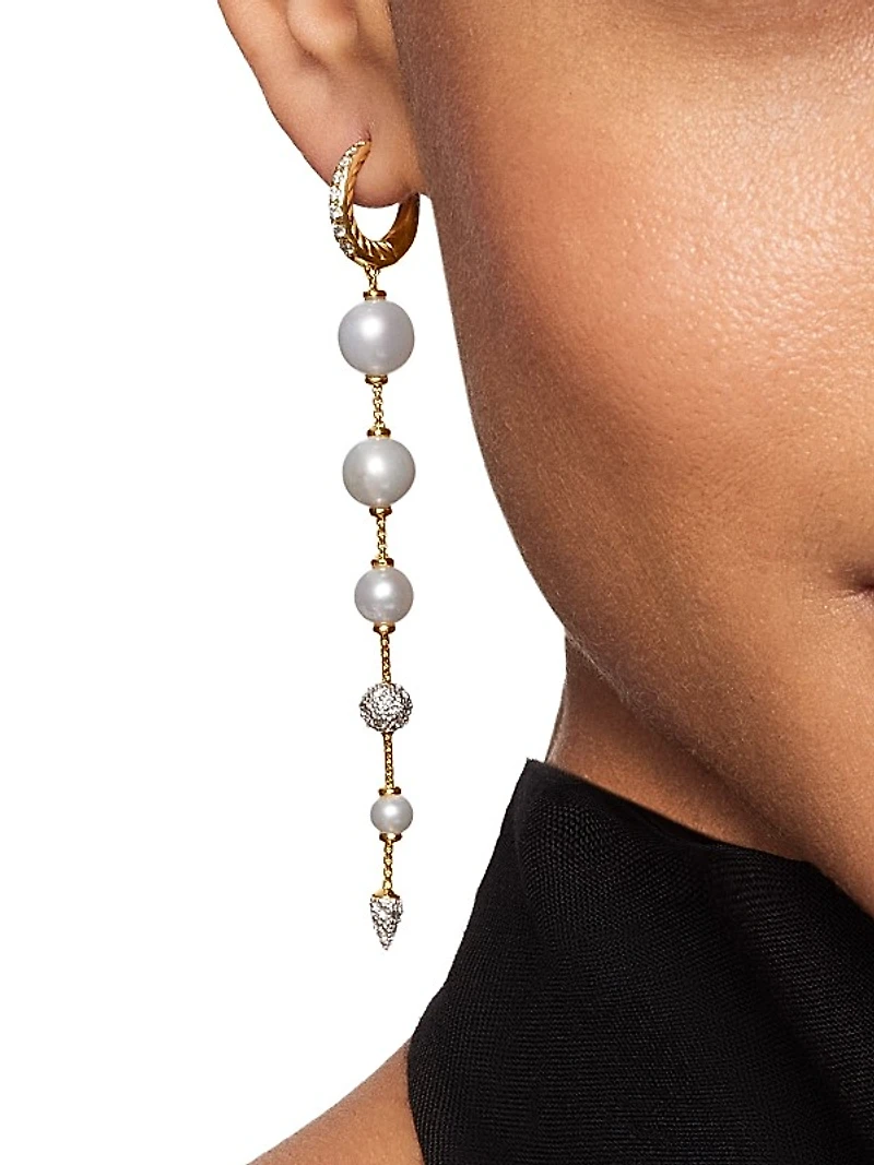 Pearl and Pavé Drop Earrings in 18K Yellow Gold with Pearls and Diamonds, 3.13in