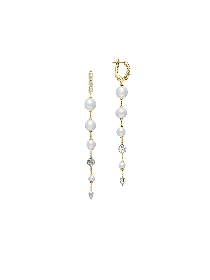 Pearl and Pavé Drop Earrings in 18K Yellow Gold with Pearls and Diamonds, 3.13in