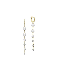 Pearl and Pavé Drop Earrings in 18K Yellow Gold with Pearls and Diamonds, 3.13in