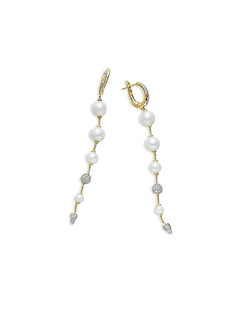 Pearl and Pavé Drop Earrings in 18K Yellow Gold with Pearls and Diamonds, 3.13in