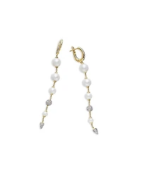 Pearl and Pavé Drop Earrings in 18K Yellow Gold with Pearls and Diamonds, 3.13in
