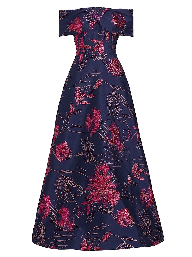 Floral Jacquard Off-The-Shoulder Gown