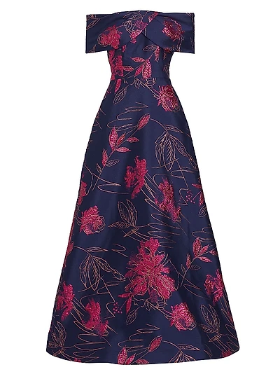 Floral Jacquard Off-The-Shoulder Gown