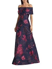 Floral Jacquard Off-The-Shoulder Gown