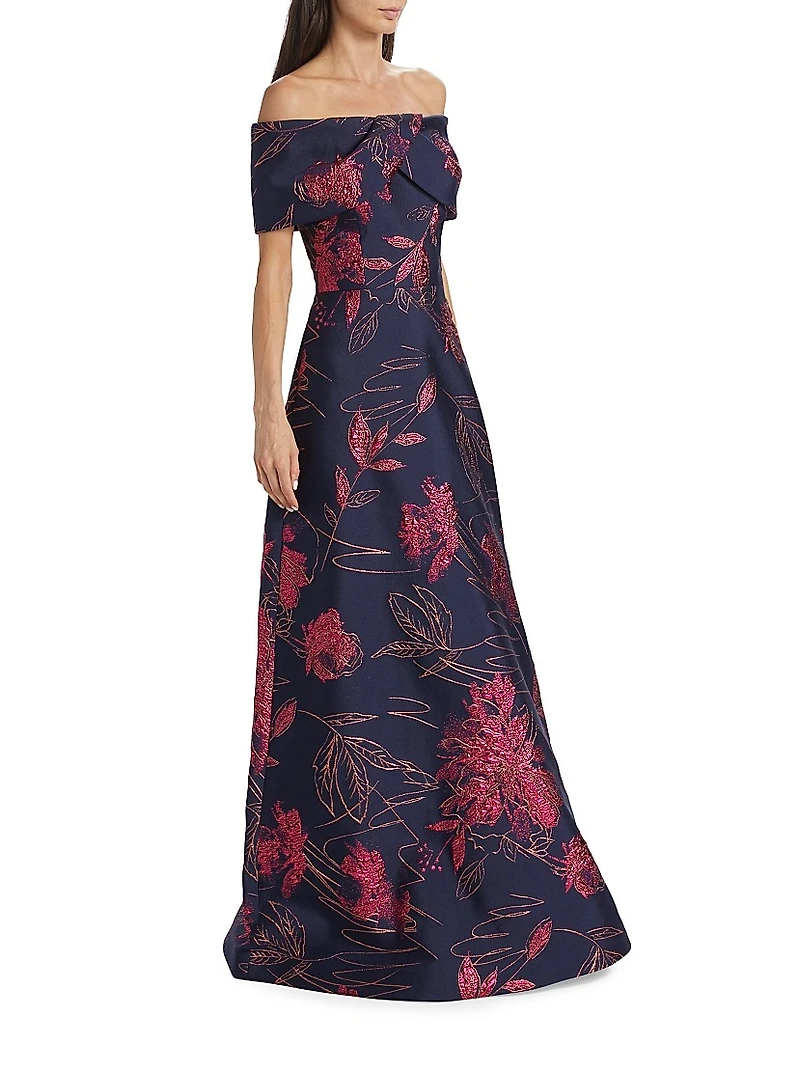 Floral Jacquard Off-The-Shoulder Gown