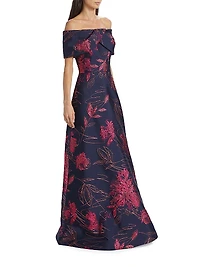 Floral Jacquard Off-The-Shoulder Gown