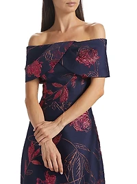Floral Jacquard Off-The-Shoulder Gown