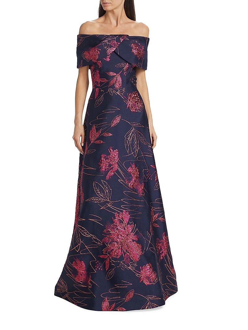 Floral Jacquard Off-The-Shoulder Gown