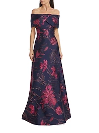 Floral Jacquard Off-The-Shoulder Gown
