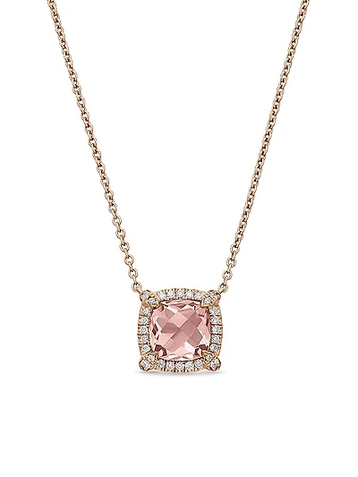 Petite Chatelaine Pavé Bezel Pendant Necklace in 18K Rose Gold with Morganite and Diamonds, 7mm