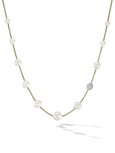 Pearl and Pavé Station Necklace in 18K Yellow Gold