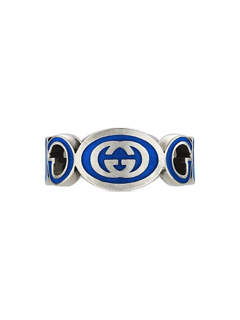 Interlocking G Sterling Silver & Blue Enamel Cut-Out Ring