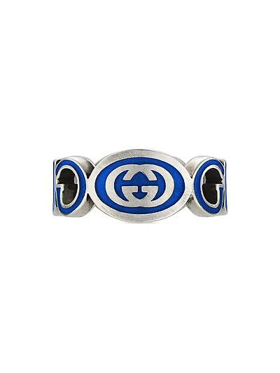Interlocking G Sterling Silver & Blue Enamel Cut-Out Ring