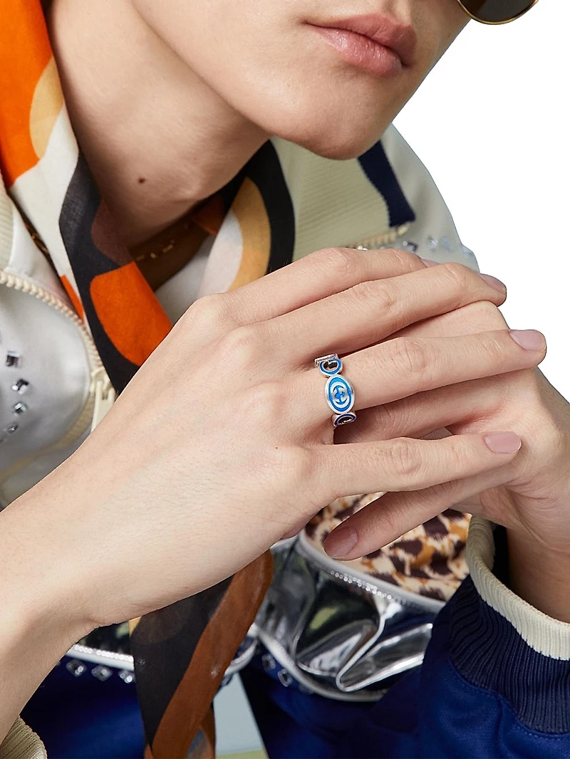 Interlocking G Sterling Silver & Blue Enamel Cut-Out Ring