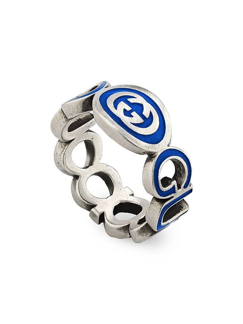Interlocking G Sterling Silver & Blue Enamel Cut-Out Ring