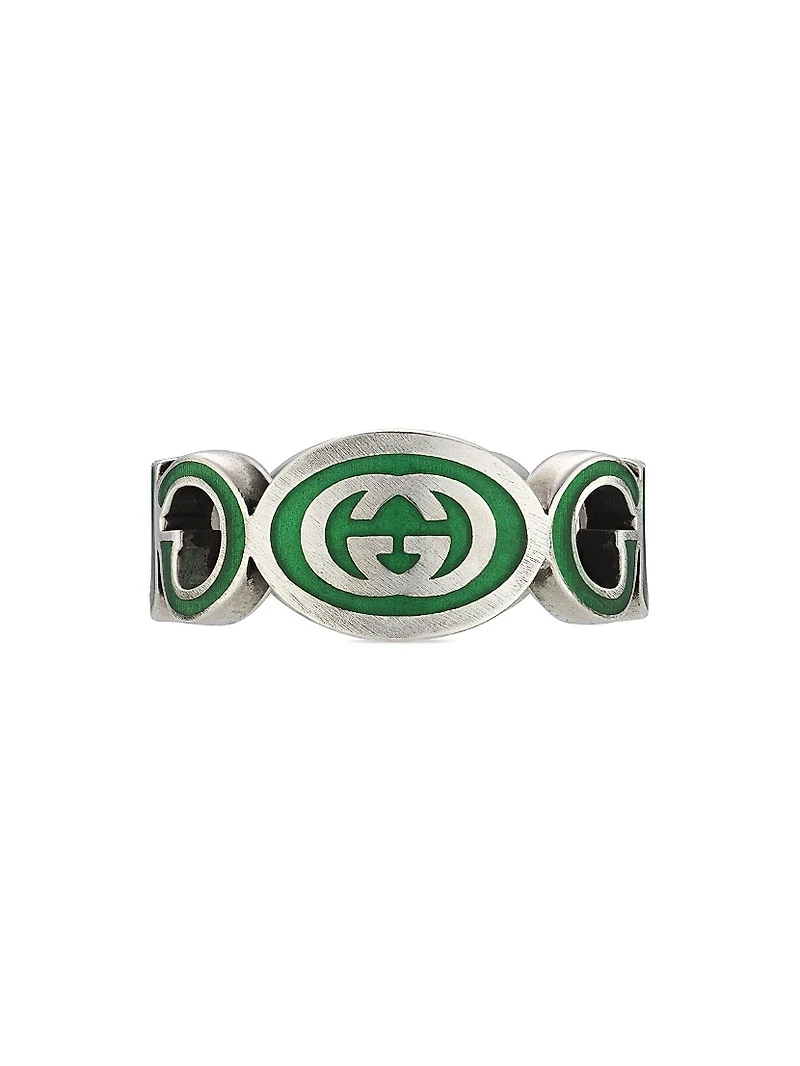 Interlocking G Sterling Silver & Green Enamel Cut-Out Ring