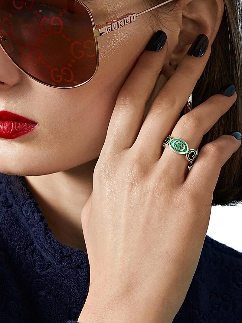 Interlocking G Sterling Silver & Green Enamel Cut-Out Ring