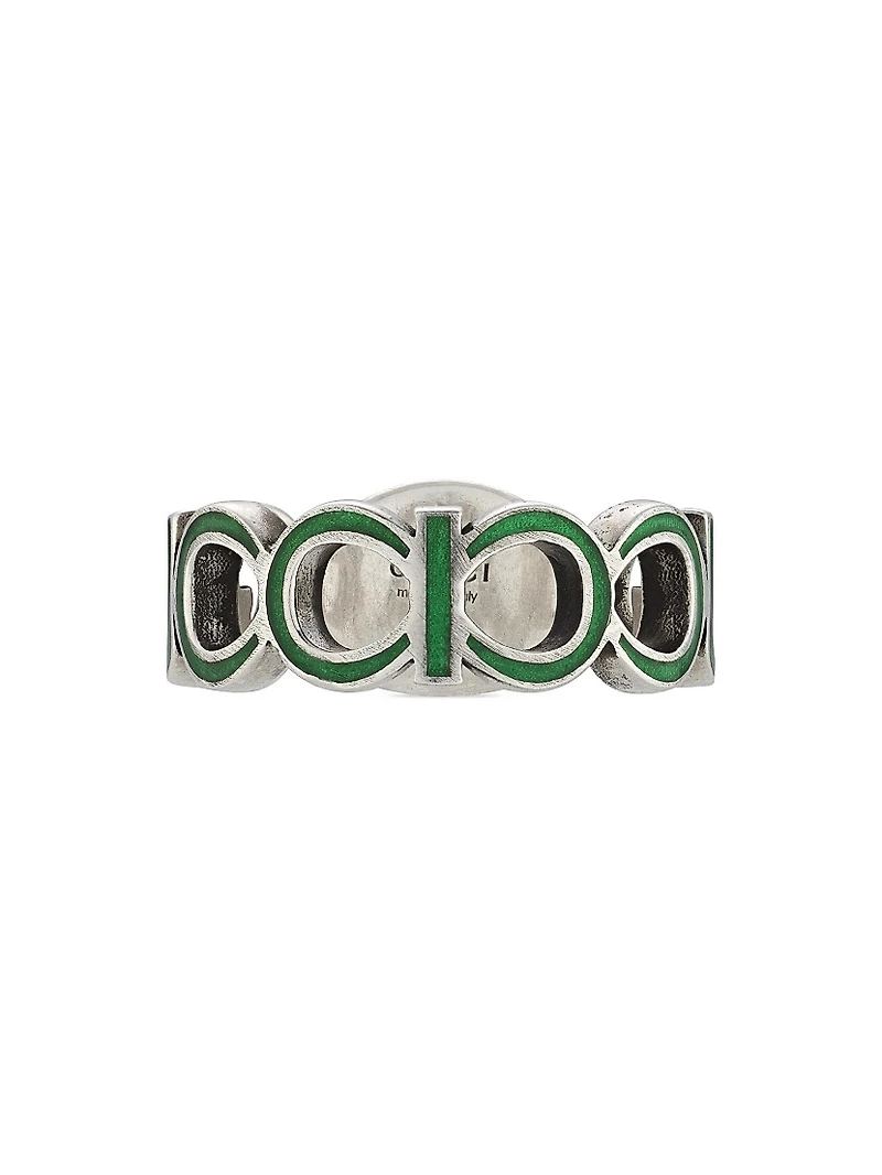 Interlocking G Sterling Silver & Green Enamel Cut-Out Ring