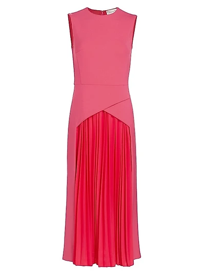 Belted Pleated-Insert Midi-Dress