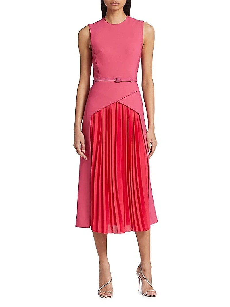 Belted Pleated-Insert Midi-Dress