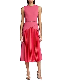 Belted Pleated-Insert Midi-Dress