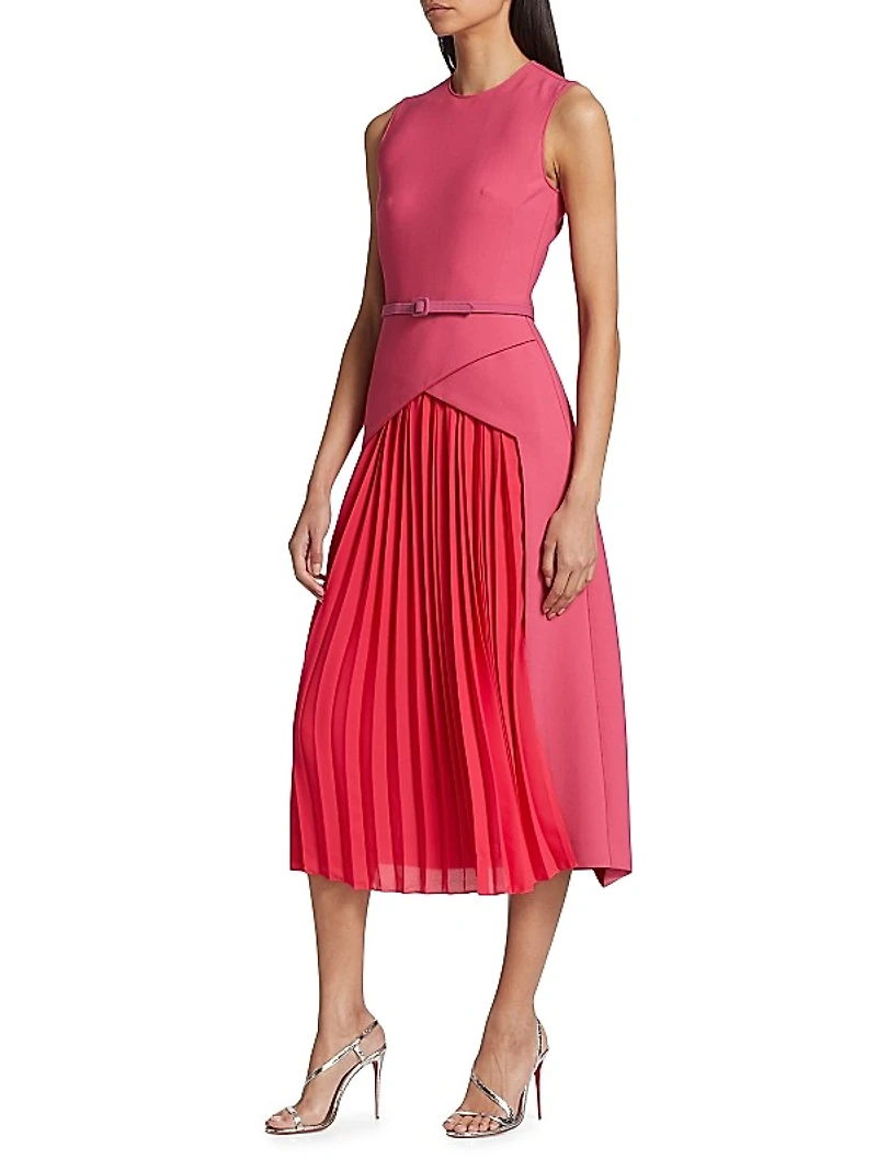 Belted Pleated-Insert Midi-Dress