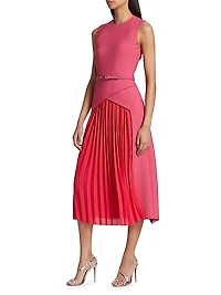 Belted Pleated-Insert Midi-Dress